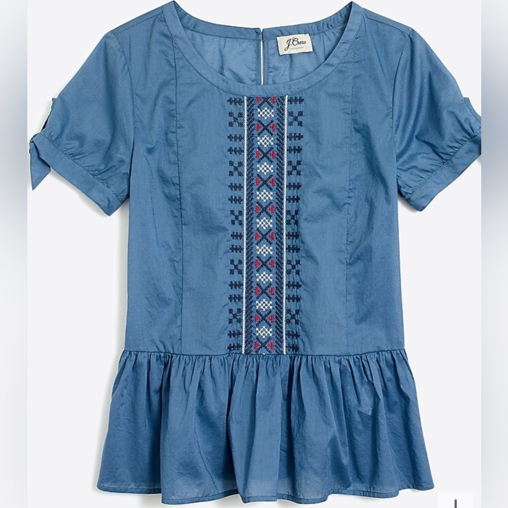 NWT! J.CREW Embroidered Tie-Sleeve Chambray Blue Peplum Top - Picture 2 of 8